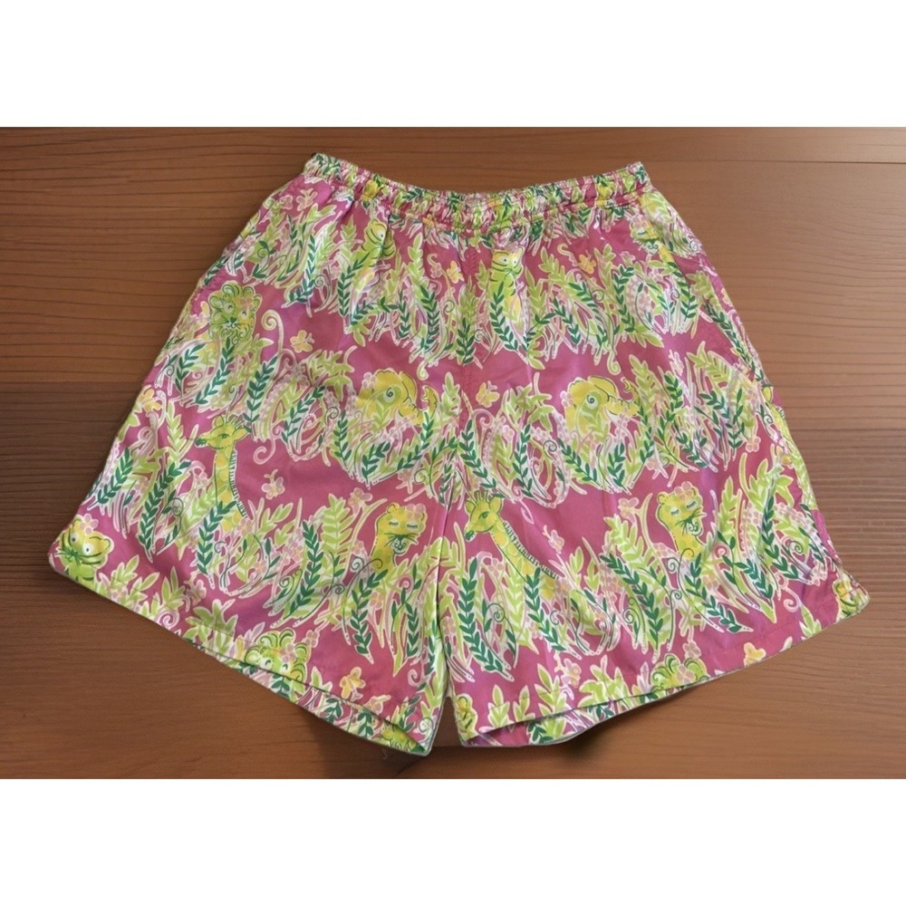 Lilly Pulitzer Men's  Pink/Green Animal Print Lined Swim Trunks Med Pockets 🦒🐘
